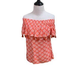 La Mer Luxe Women's S Small Off the Shoulder Top Tassels Coral Print Rayon